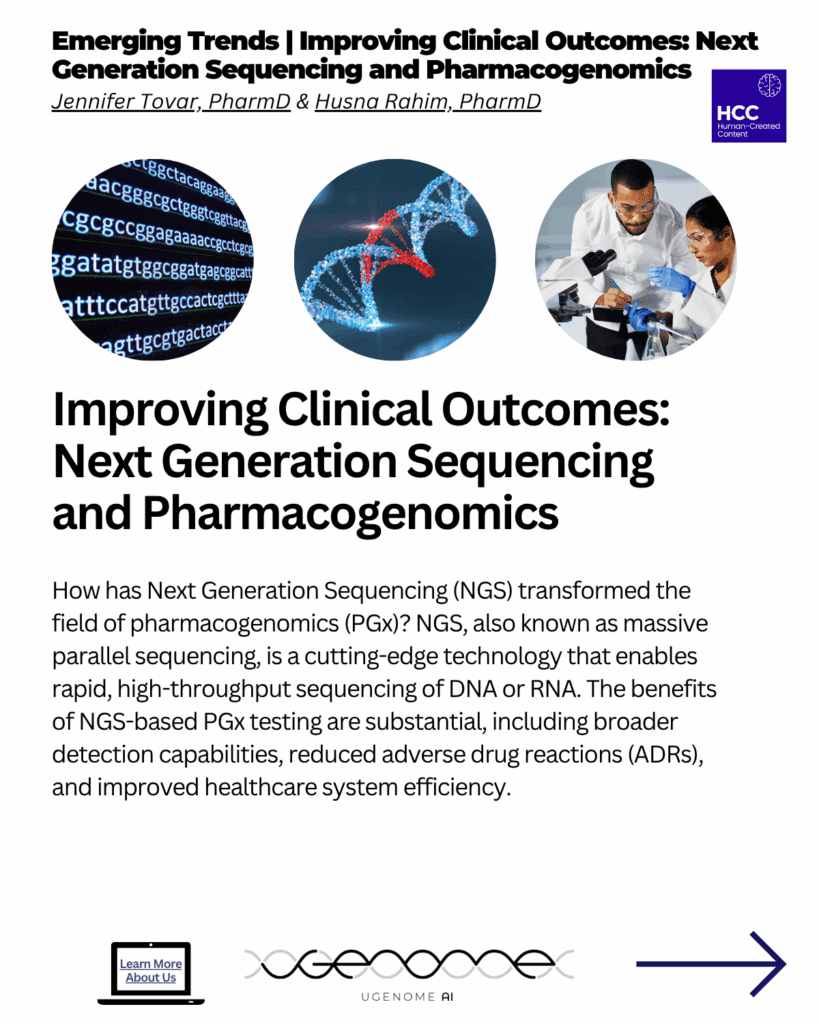 3 images depicting "Improving Clinical Outcomes: Next Generation Sequencing and Pharmacogenomics>" The images from left-to-right show a string of ATCG in various combination (DNA strands), a double helix that's blue on the edges and red in the middle, and two researchers with protective goggles looking at what appears to be a microscope. The researcher on the left is male and the researcher on the right is female. They both appear to be in their mid 30s. 