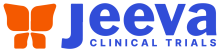 Logo of Jeeva Clinical Trials. A graphic of an orange butterfly next to the Jeeve in large font written in blue over the top of Clinical Trials, also in blue.