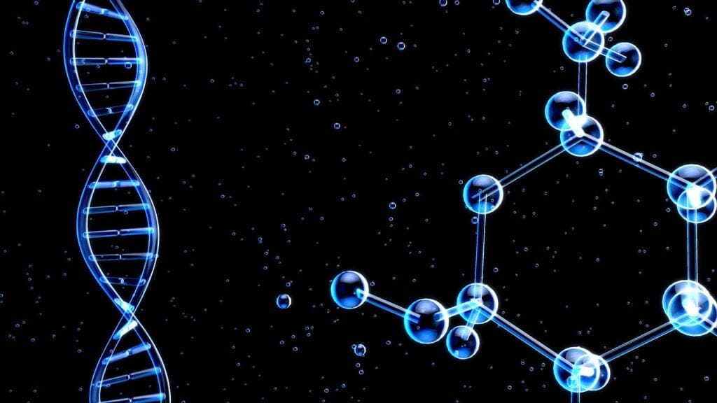 Two images. Left image of blue double helix and right image of molecule on space with stars background