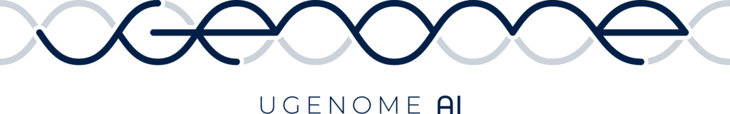 Logo for UGenome in which the name "UGenome" emerges from a horizontal double helix